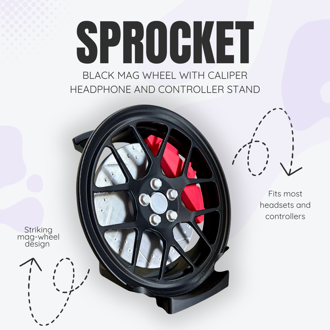 Sprocket the Black Mag Wheel with Caliper Headphone and Controller Stand