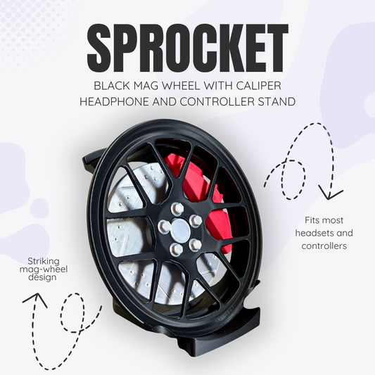 Sprocket the Black Mag Wheel with Caliper Headphone and Controller Stand